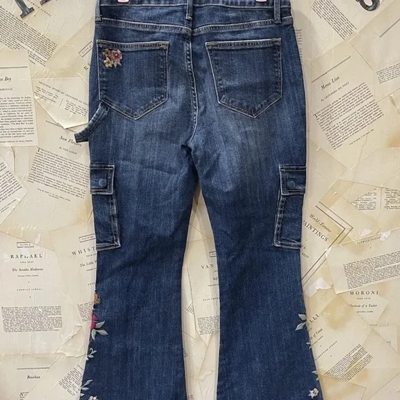 Free People Driftwood Farrah Embroidered Cargo Jeans Flare Blue - Picture 7 of 7